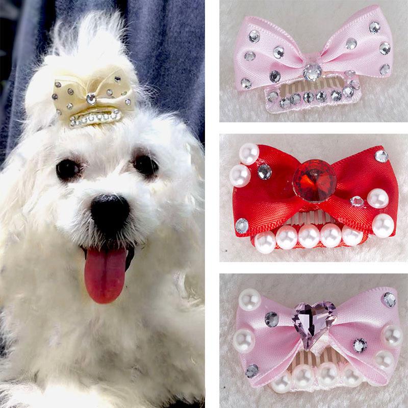 Prinzessin Haustier Hund Haarspange Schleife - Yorkshire Malteser Perle Strassstein Accessoire