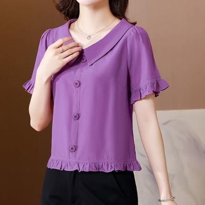 Camisa de Gasa con Cuello de Muñeca de Moda para Mujer en Verano, Top de Manga Corta a la Moda para Adelgazar la Cintura y Reducir la Edad