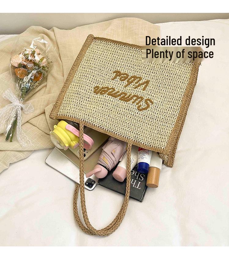 Women's Large Capacity South Wind Chic Straw Woven Tote Bag with Embroidered Letters