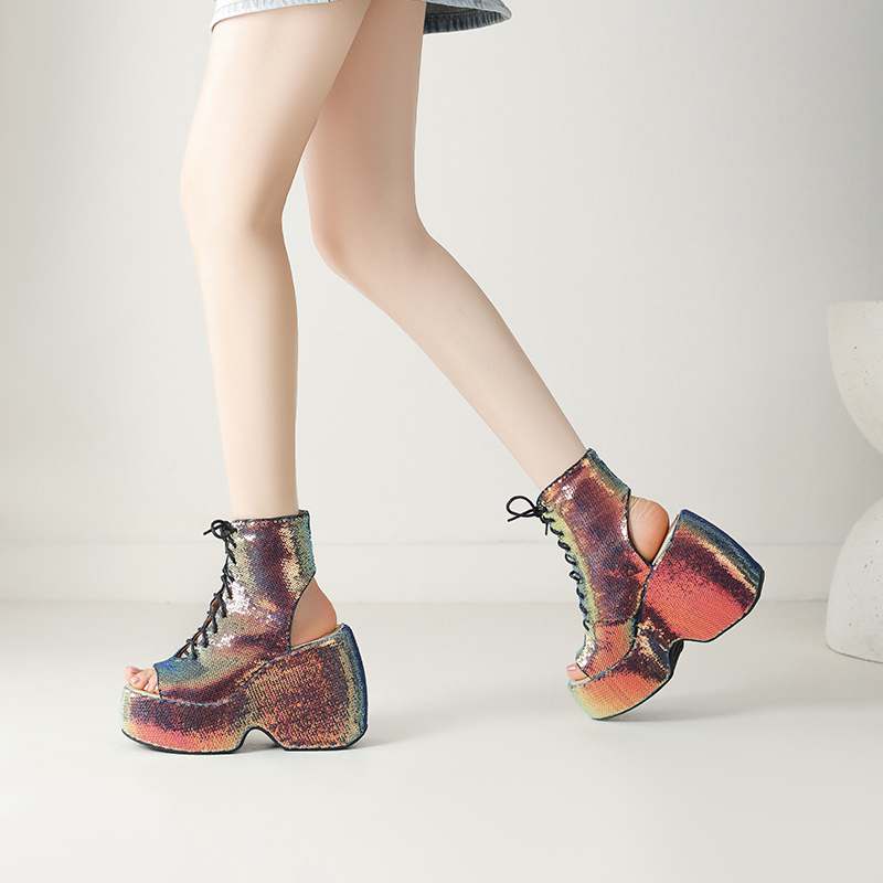 Krazing Pot Sequin Cloth Spring Summer Size 43 Size 42 Women Platform Women Peep Toe Toe Sexy Summer Boots Lace Up Pumps