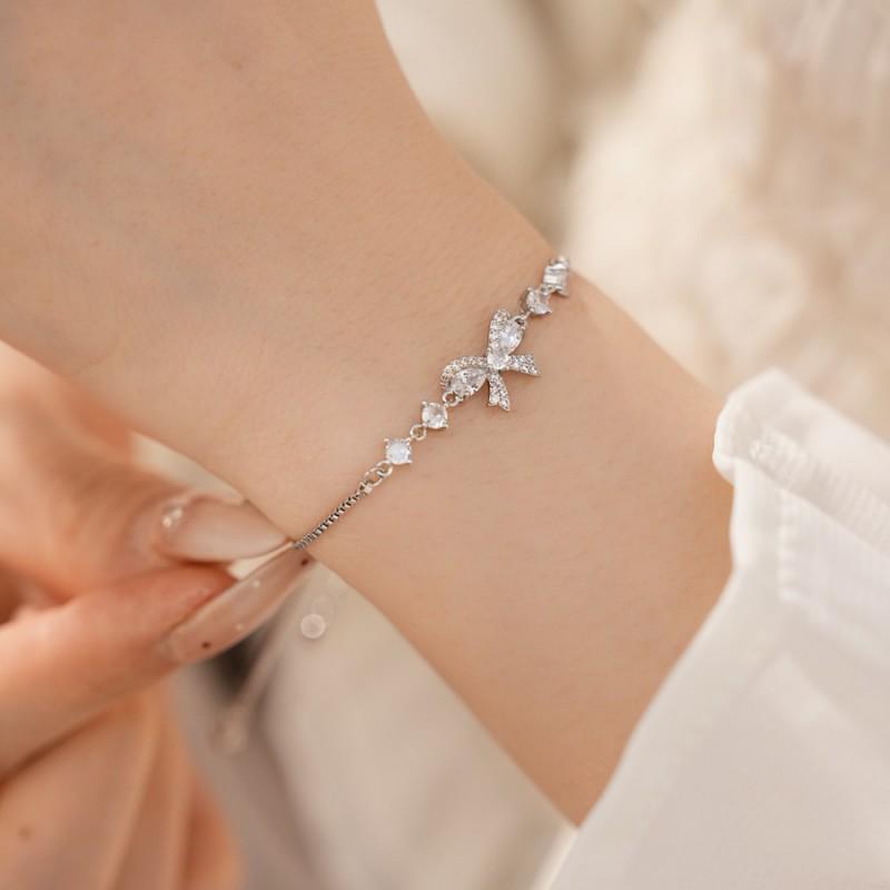 Elegant Zircon Bowknot Bracelet Women Minimalist Luxury Daily Wear Adjustable Copper Chain Jewelry