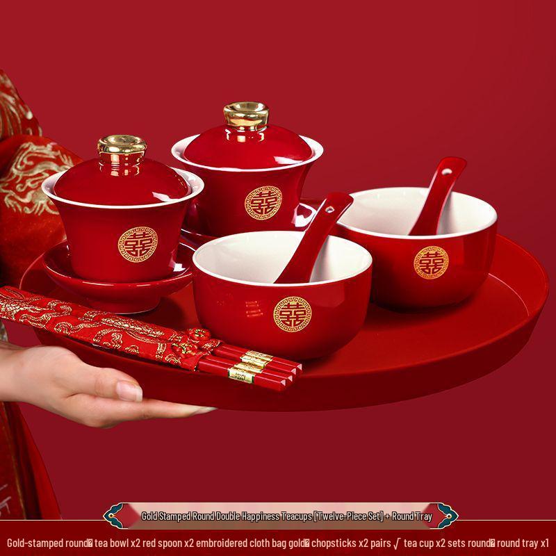 Ensemble de tasses à thé de mariage Double Bonheur: Service à thé rouge avec bol, baguettes et une paire de tasses - Parfait pour les cadeaux de mariage et la dot.
