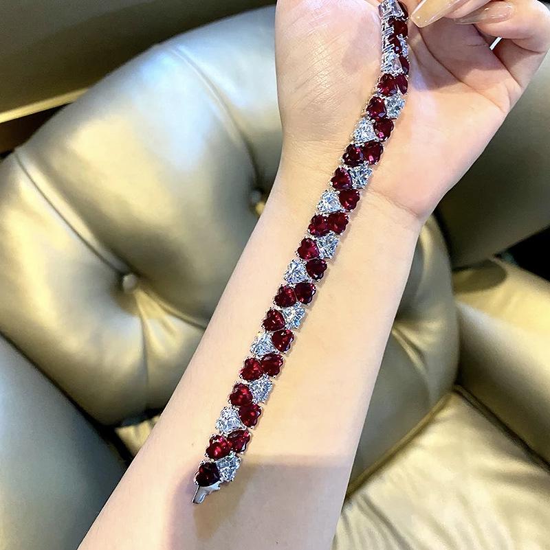 Longlongjin 2024 New Red & White Double Heart Full Diamond Women's Bracelet - Elegant & Fashionable Style