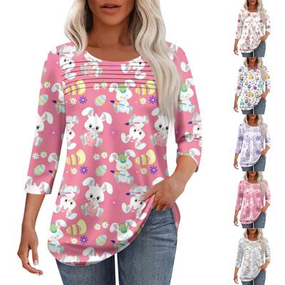 Women's Fashion Round Neck Pleated Front Placket Print 3/4 Sleeve Top