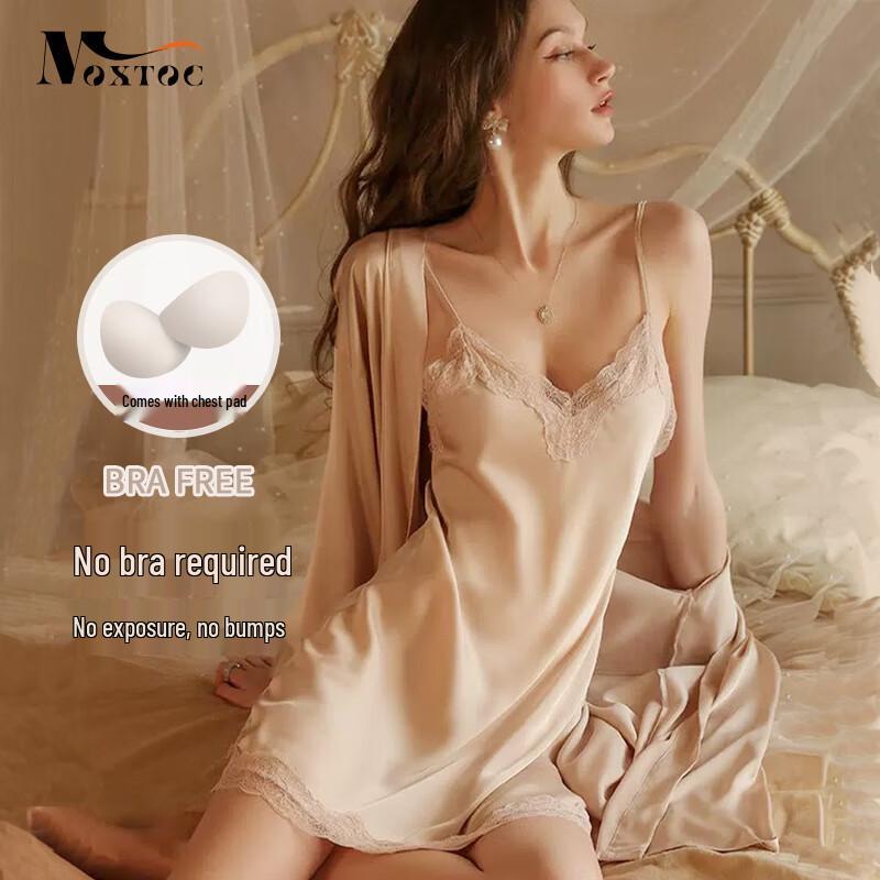 MOXTOC Women s Ice Silk Camisole Nightdress & Robe Set L
