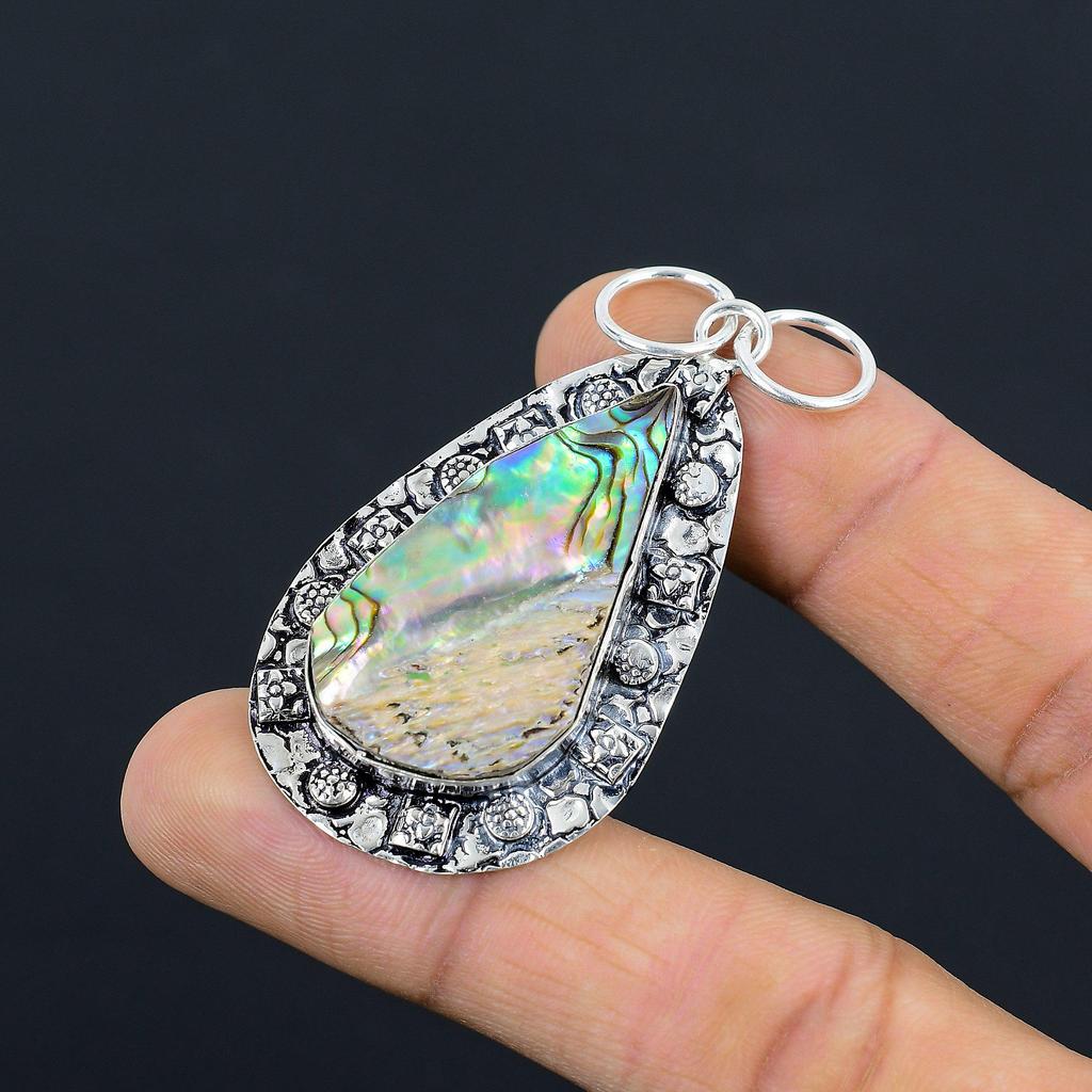Sterling Silver Pear Abalone Shell Stone Sister Bezel Unique New Wedding Pendant