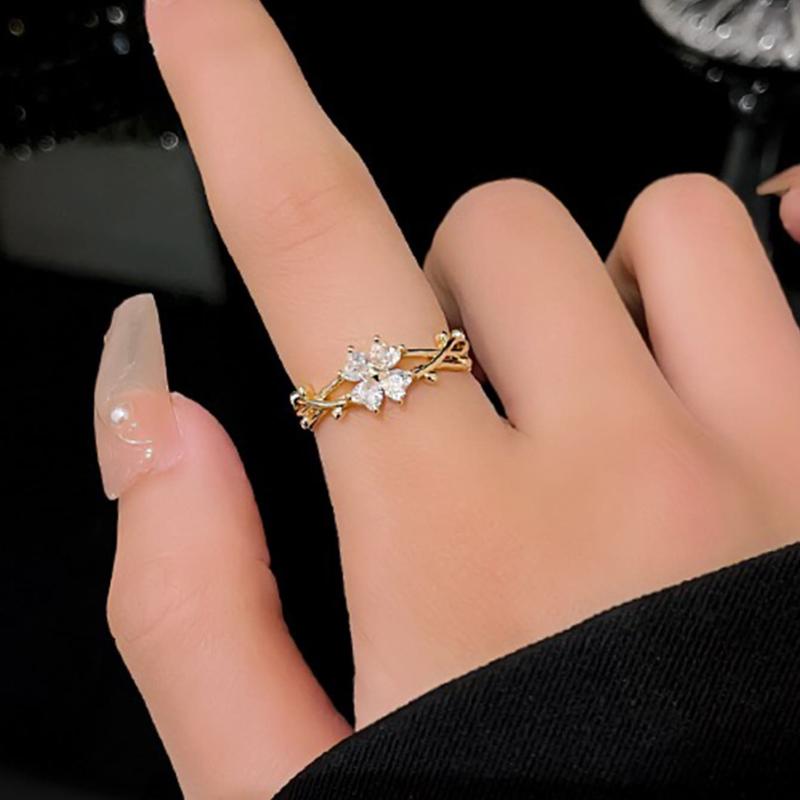 1pc Zirconia Flower Leaf Open Ring, Luxury Adjustable Finger Ring, Versatile Chic Hand Ornament Valentines