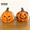 Festive Holiday Home Ornaments Spooky Lighted Pumpkin Figurine, Halloween Engraved Light-Up Resin Decorations Statue for Tabletop Indoor Outdoor
