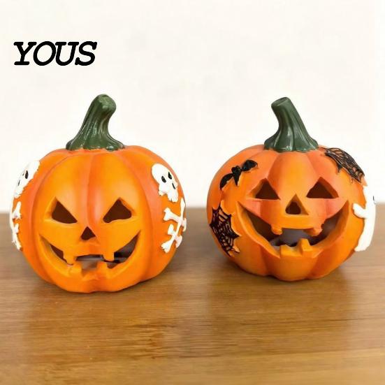 Festive Holiday Home Ornaments Spooky Lighted Pumpkin Figurine, Halloween Engraved Light-Up Resin Decorations Statue for Tabletop Indoor Outdoor