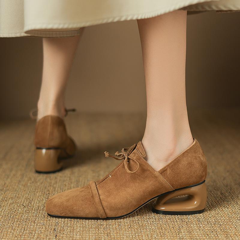 Fashion 2025 New Women Pumps Sheep Suede Leather Shoes for Square Toe Low Heel Shoes Casual Lace-up Handmade Shoes 34-42 Women Heels