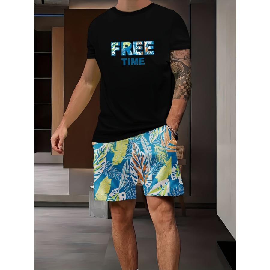 

Комплект из 2 предметов: мужские шорты с коротким рукавом и винтажным принтом, летняя повседневная мужская футболка для спорта на открытом воздухе, мужские пляжные шорты 6XL