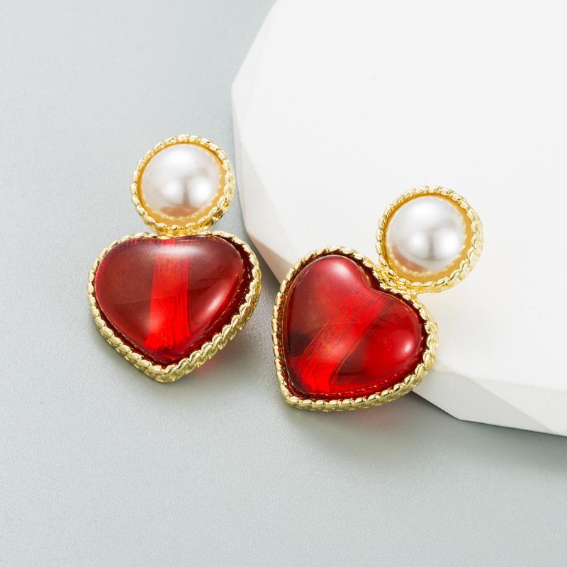 Women Retro Drop Earrings Titanium Steel Alloy Pendant Earrings Acrylic Colorful Resin Bead Heart Shape Geometric Ear Ornaments