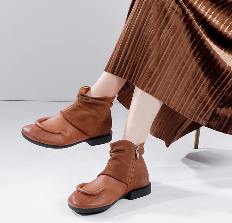 Johnature Botas de otoño/invierno, botas cortas de piel auténtica, zapatos retro de suela blanda y cómodos para mujer