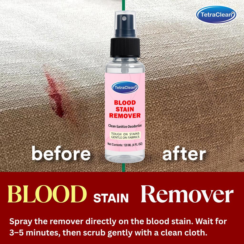 TetraClean Spray do usuwania plam z krwi – 120 ml | Bezpieczny dla tkanin i ubrań | Usuwa zaschnięte i świeże plamy z krwi | Formuła bez wybielaczy do pościeli, tapicerki