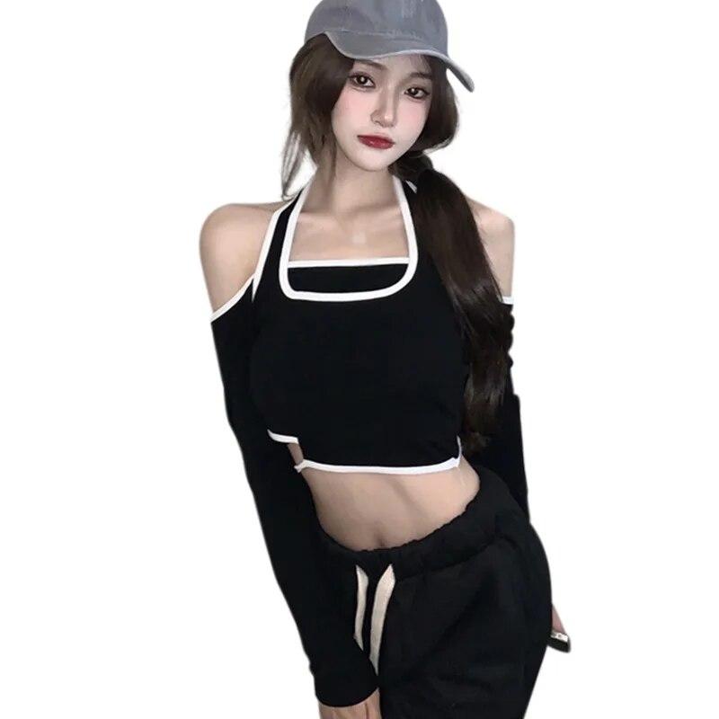 

Женский укороченный топ с лямкой на шее, базовый топ с открытыми плечами, стильная блузка для девочек, пуловер с длинными рукавами, топ, облегающие топы, футболка One Size