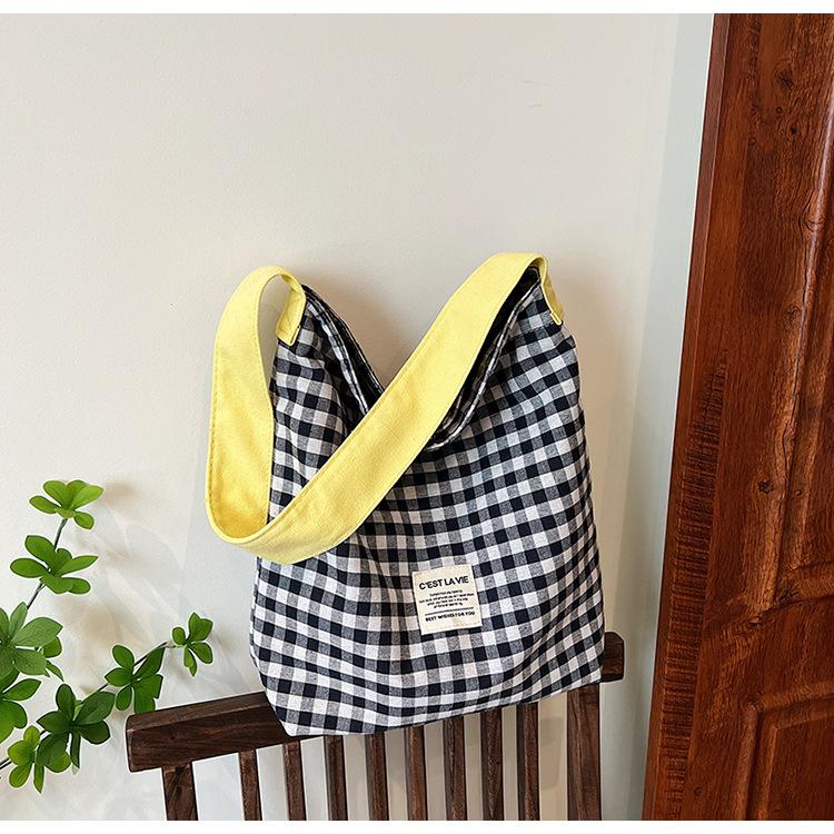 Women Contrast Color Lattice Magnetic Buckle Bucket Bag Leisure Canvas Cloth Shoulder Bags Tote Handbag