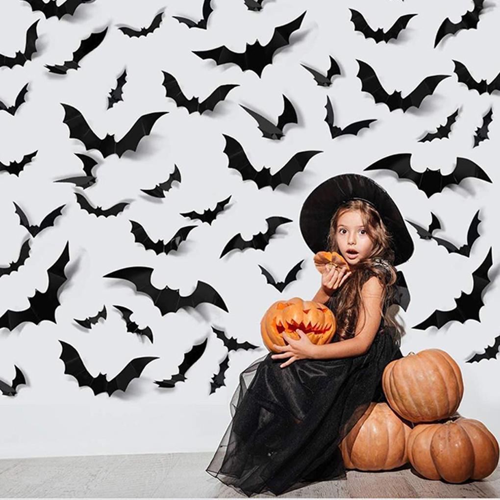 10/12/24 STÜCKE Halloween Dekorationen Fledermaus Aufkleber PVC 3D Schwarze Fledermäuse Spinnen Abziehbilder Wandaufkleber für Halloween Party Raum Heimdeko