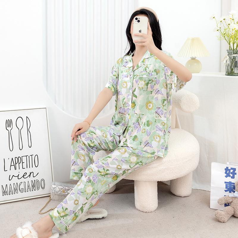 Cotton and silk pajamas women's spring and summer short-sleeved large-size suit spring and autumn thin cartoon printed loungewear