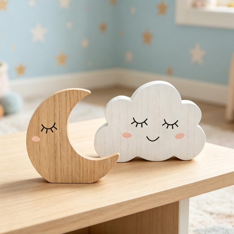 Nursery Shelf Accent Set, Wooden Moon and Cloud Room Display Decorations Pair for Tabletop Bookshelves Accessories Gift