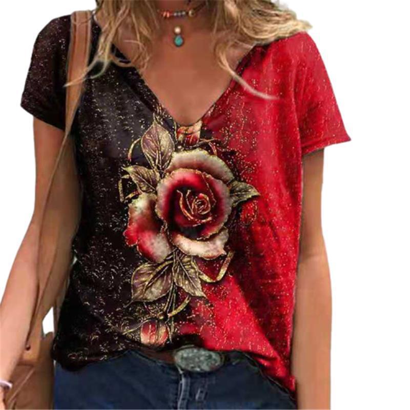Summer Refreshing and Comfortable V-neck 3D Rose Print Casual Short Sleeved Loose Women's T-shirts