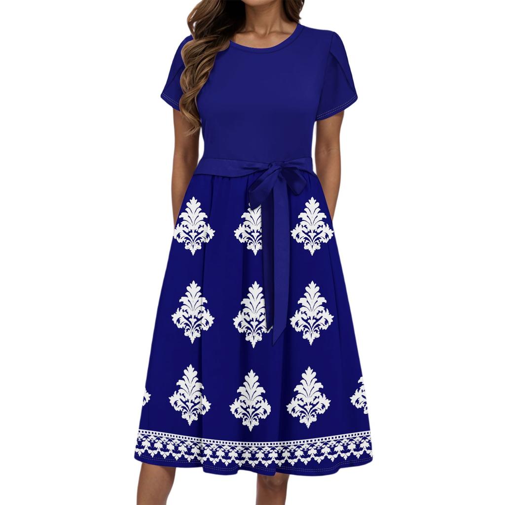 Women's Summer Fashion Round Neck Casual Retro Printed Short Sleeve Dress