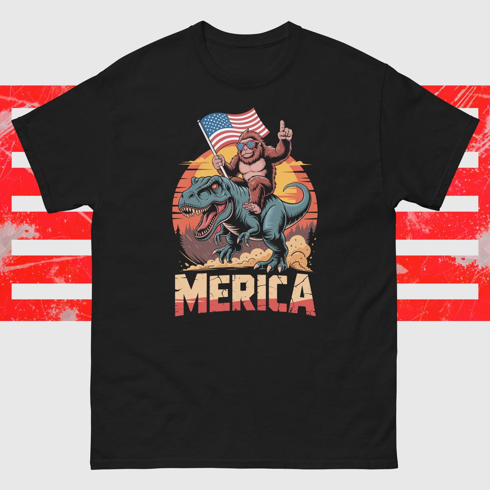 Bigfoot Merica Sasquatch Riding Dinosaur T rex Funny 4th Of July T-Shirt 3XL