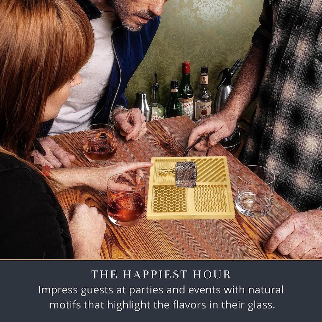 Ice Designer Tray, Craft Modern Ice Mold Cube Stamping Plate with 4 Patterns, Brass Ice Designer Ice Cube Mold Ice Stamp for Cocktails and Whiskey