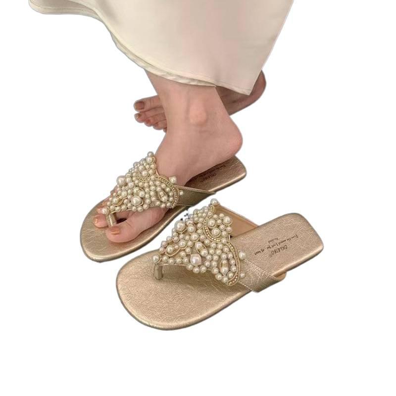 2025 Summer New Fashion Soft-soled Women Bohemian Outer Wear Flat-bottomed Pearl Toe Roman Sandals Women