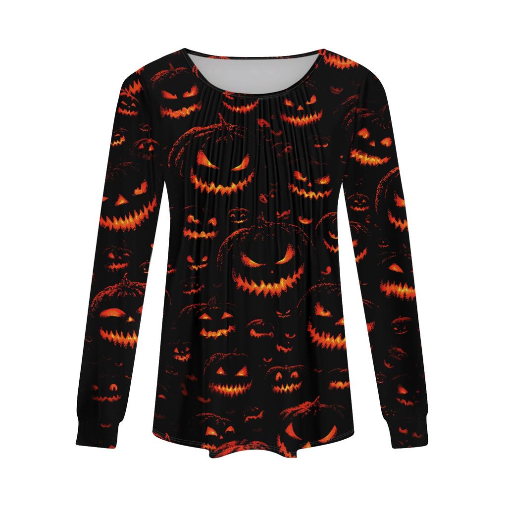 Women's Casual Long Sleeve T-Shirt Pleated Round Neck Halloween Pumpkin Print Top Lightweight Comfortable Fit