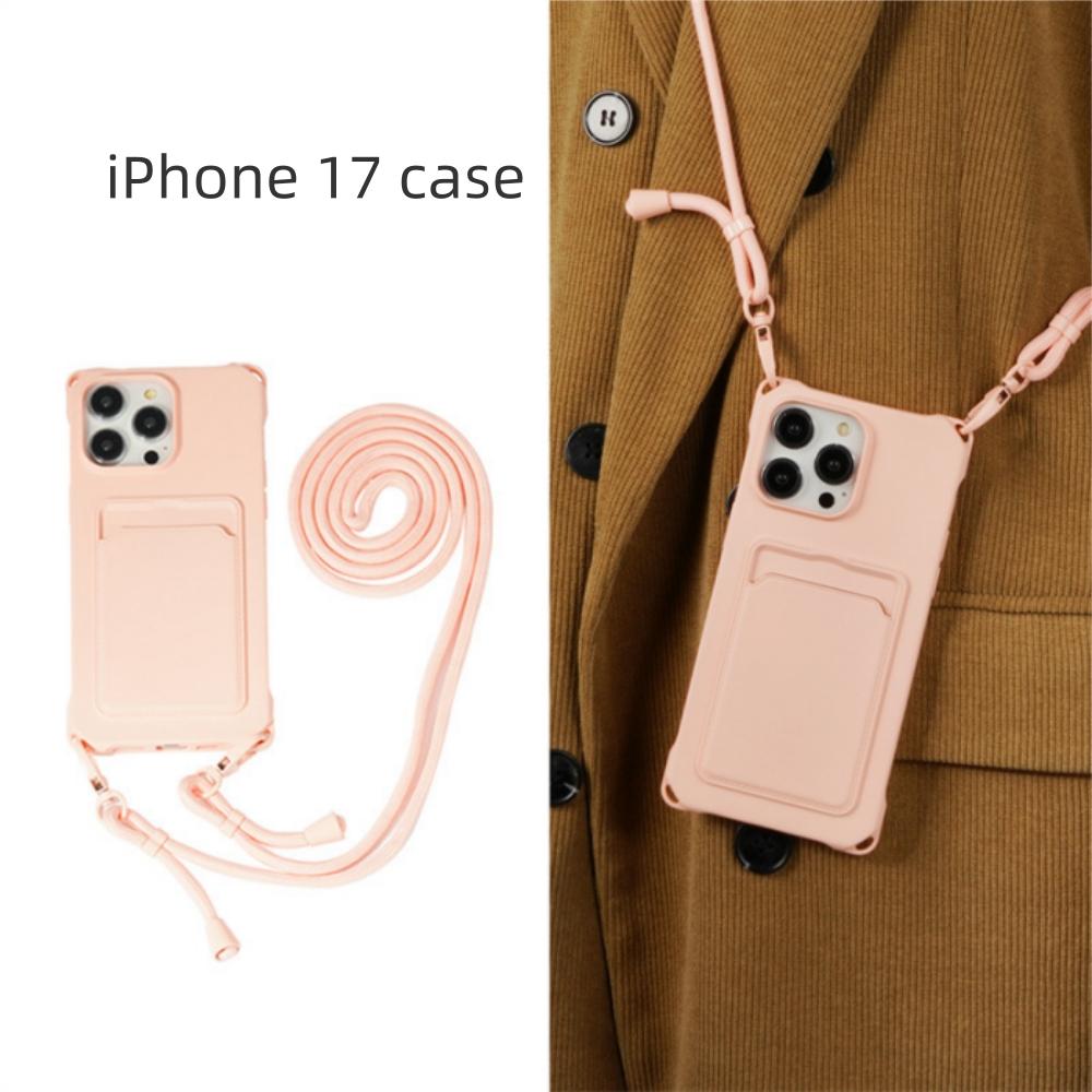 

Silicone Phone Case Universal Adjustable Shoulder Strap Card Holder 4-Corner Protection for iPhone 16/17 Series, iPhone16, iPhone17 розовый