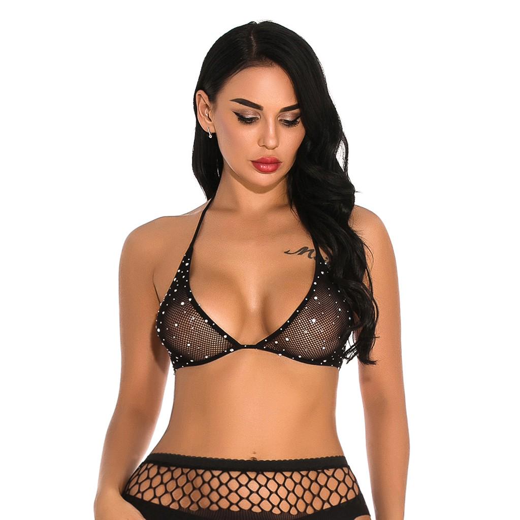 (Great home)Sexy Women Fishnet Lingerie Shiny Diamond Bandage Bra Underwear Sleepwear