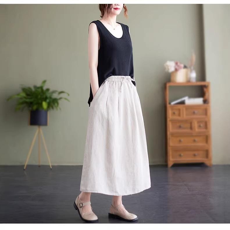 Embroidered High-Waisted A-line Cotton Midi Skirt: Slimming, Elastic Waist, Literary Style, Wide Hem for Women
