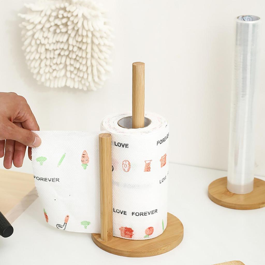 Vertical Wooden Roll Paper Shelf Storage Rack Kitchen Paper Towel Rack Plastic Wrap Lazy Cling Film Lazy Rag Holder Countertop