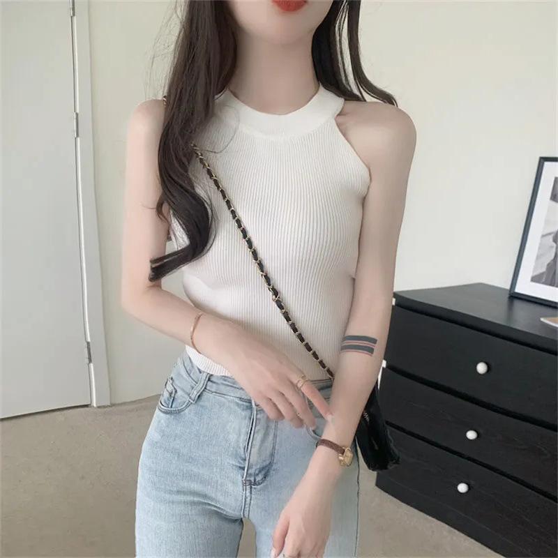 Personality Sleeveless Narrow Shoulder Sexy Vest Hanging Neck To Wear Slimming Waist Crop Thread Knit Top