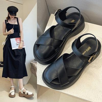 Baotou Sandals Women's Summer New Thick-soled Beach Roman Shoes Fairy with Skirt Pig Cage Shoes Flat Single Shoes
