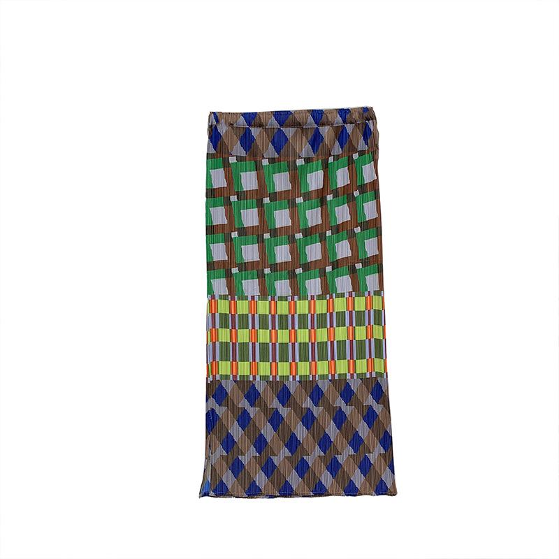 Women's 2026 Summer Colorful Printed Plaid Midi Skirt with Slit and Elastic Waist