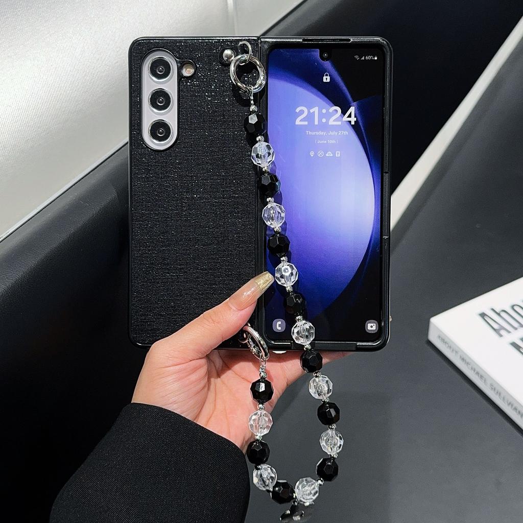 For Samsung Galaxy Z Fold6 5G Case Glitter Finish Leather+PC Phone Cover with Beaded Strap