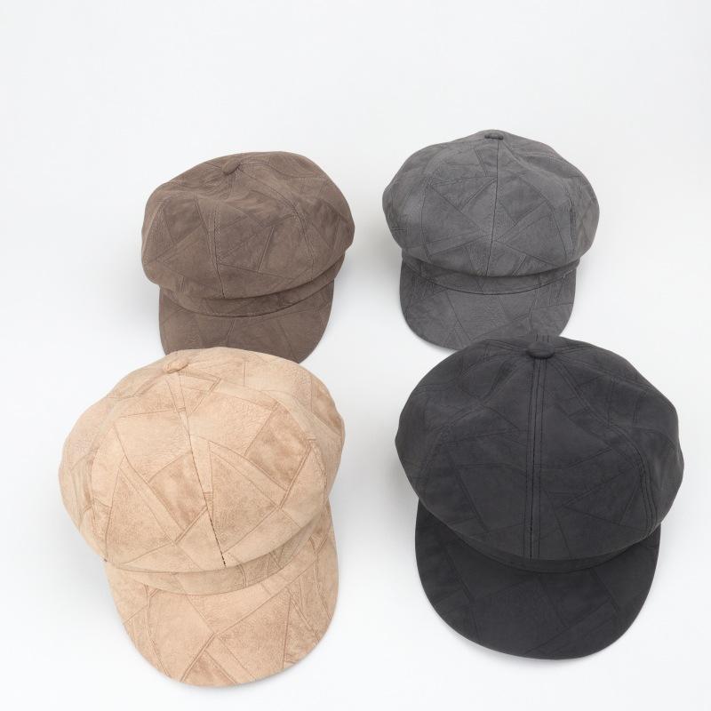 Wildleder Karomuster Achteckige Hut Damen Literarischer Malerhut Britische Retro Kappe Baskenmütze