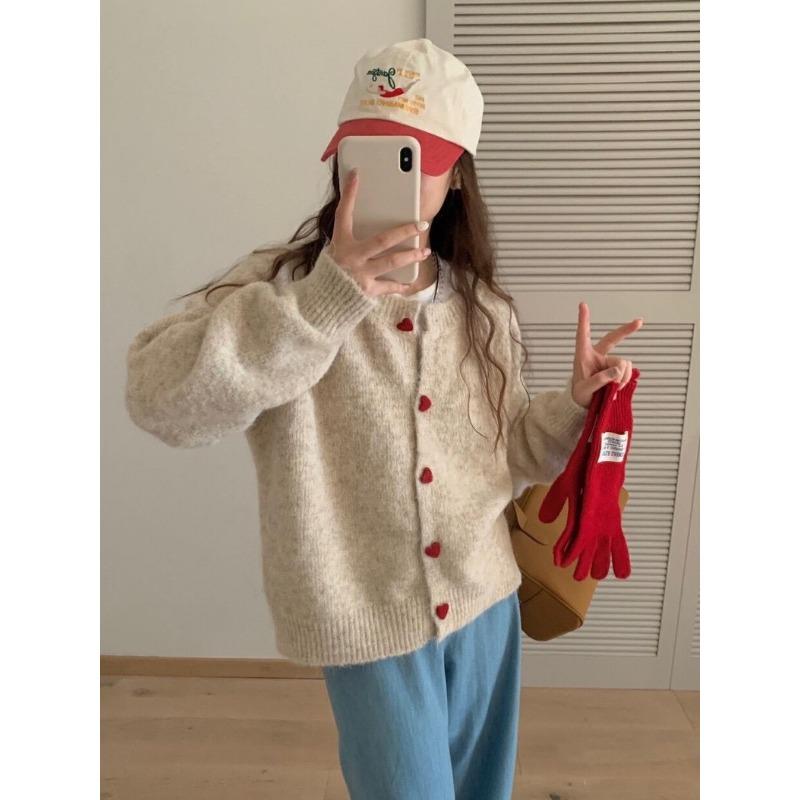 

Sweet soft waxy love buckle knitted cardigan women s autumn and winter new loose fashion age-reducing crew neck sweater jacket One Size