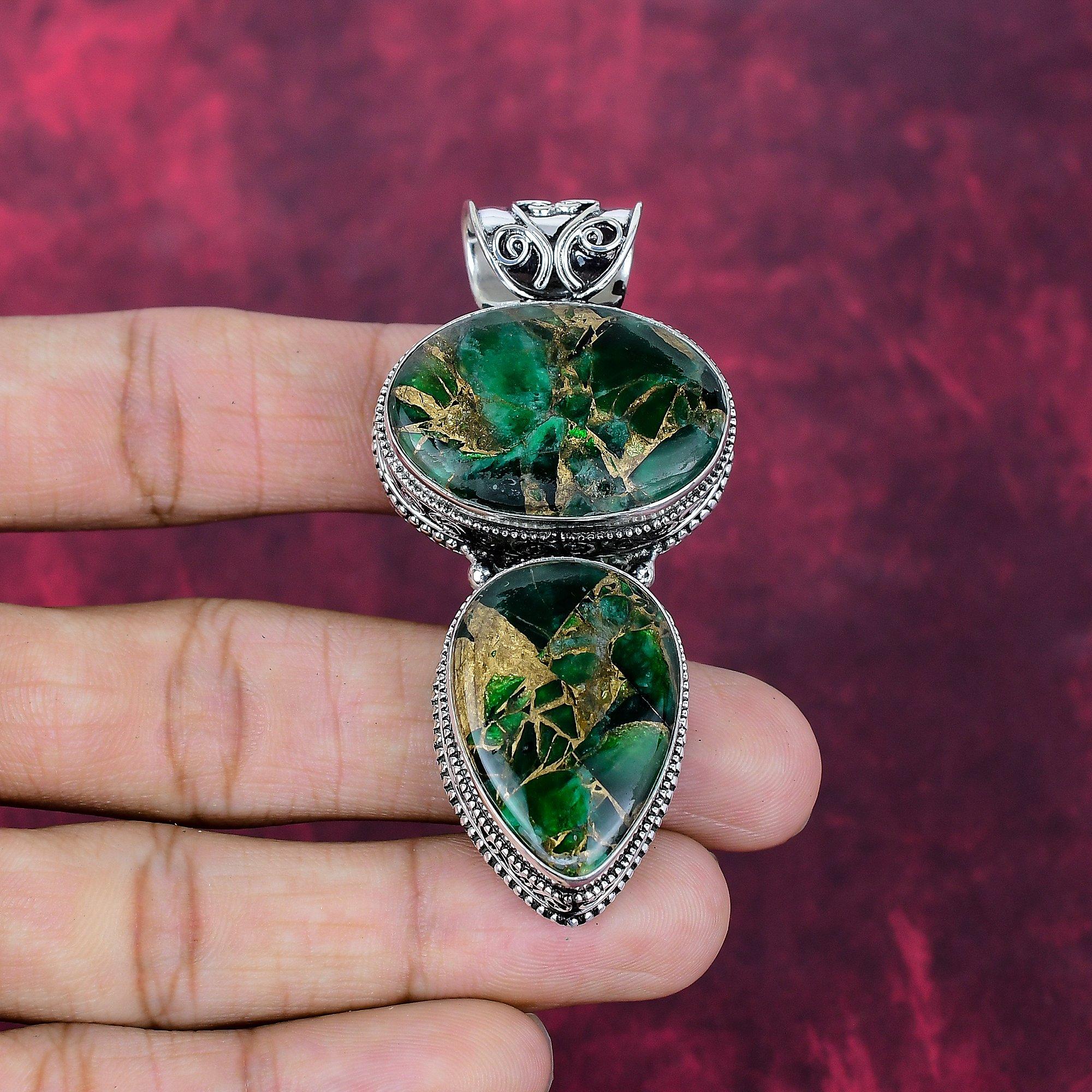 

Кулон из зеленой медной бирюзы ручной работы, кулон из стерлингового серебра 925 пробы, ювелирное изделие с камнем-талисманом, подарок Любовь навсегда 2.75 Inches