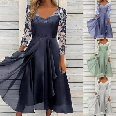 Women's Dress Chiffon Elegant Lace Patchwork Dress Cut-out Long Dress Long Sleeve Bridesmaid Evening Dress