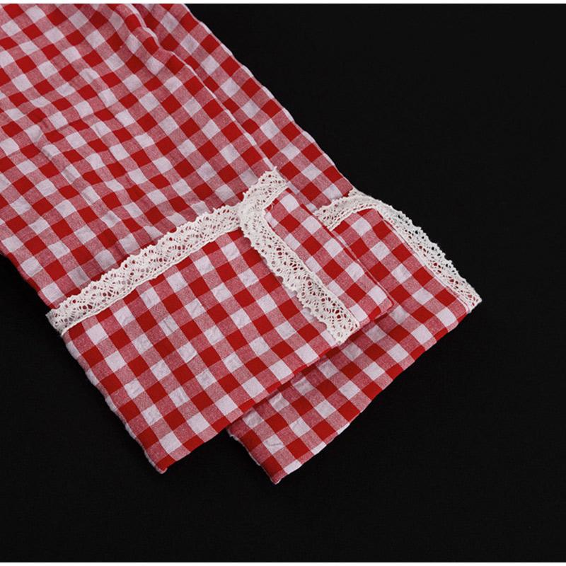 Plaid Shirt Pants Sets Women Peter Pan Collar Lace Up Long Sleeve Shirts Wide Leg Trousers 2 Pieces Suits Female Casual Outfits