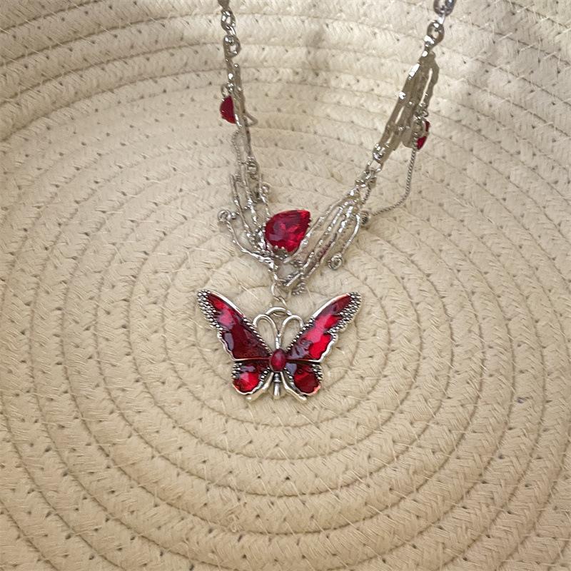 Gothic Red Crystal Butterfly Pendant Sliver Ghost Claw Short Choker Chain Necklace for Women Punk Y2K Charms Jewelry Accessories
