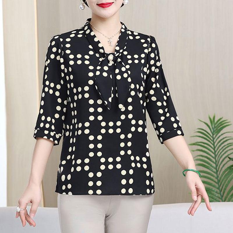 

Mom s New Shirt Spring Autumn Ribbon Top Elegant Middle-aged Elderly Western Style T-shirt Short Sleeved XL чорний