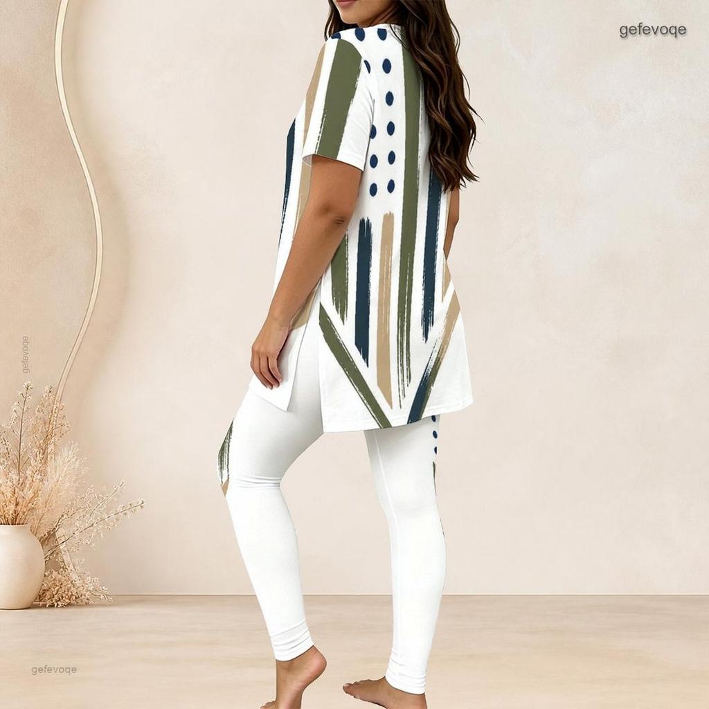 Women Plus Size Round Neck Short Sleeve American Flag Printed Long Top Fitted Pants Two Piece Set