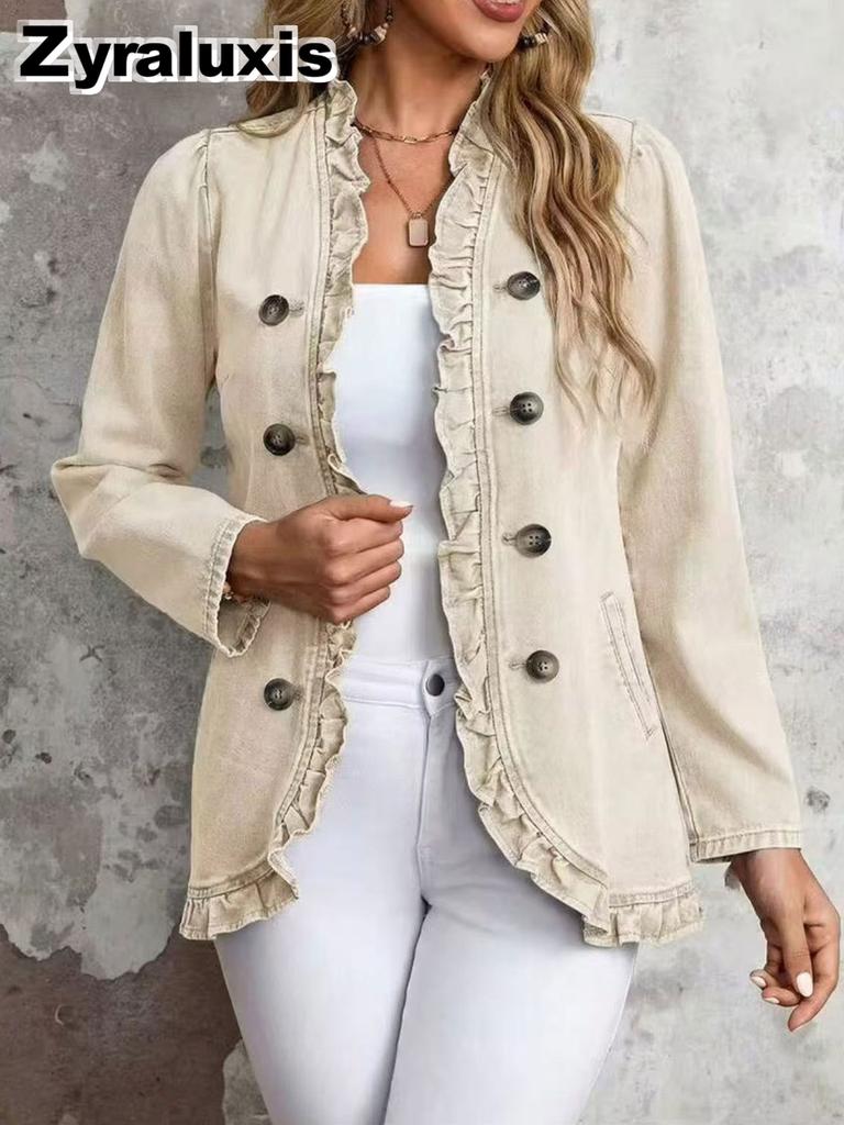 Veste en jean bleu marine à bords volantés pour femme, col montant, un bouton, manches longues, coupe ajustée, style français