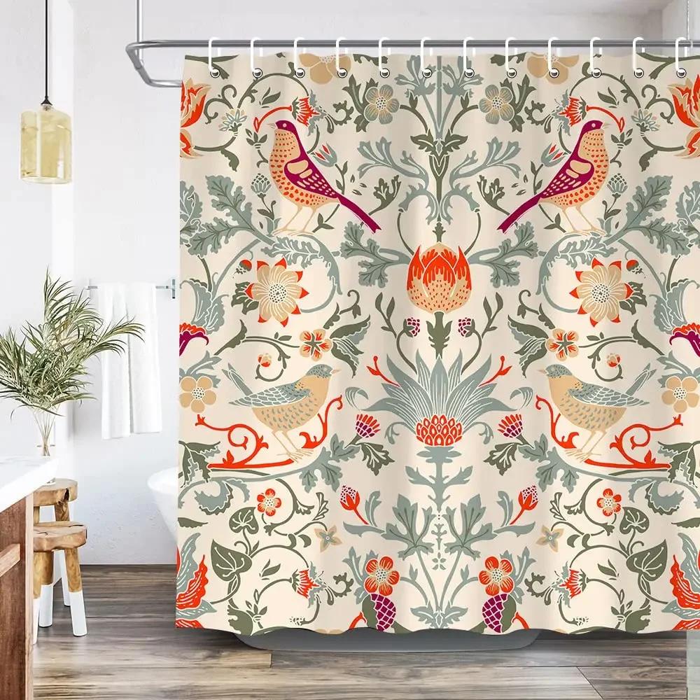 Vintage Garden Art Floral Shower Curtain, Heavy Weight Fabric, Washable Bath Curtains For Bathroom