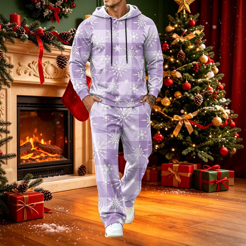 Men's Casual Hoodie and Wide-Leg Pocket Pants Set Loose Fit Christmas Print Sweatsuit for Holiday Lounging