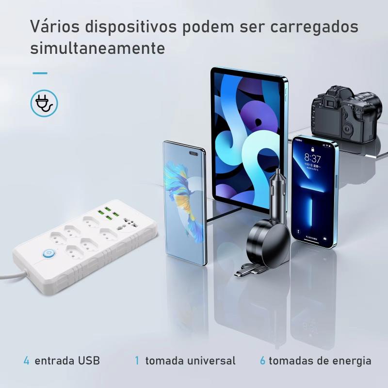 Wall Mount Power Extension Socket with USB Fast Charging Line Filter Voltage Regulator 6 Outlets 4 USB Ports 2M Cord for Workshop Use