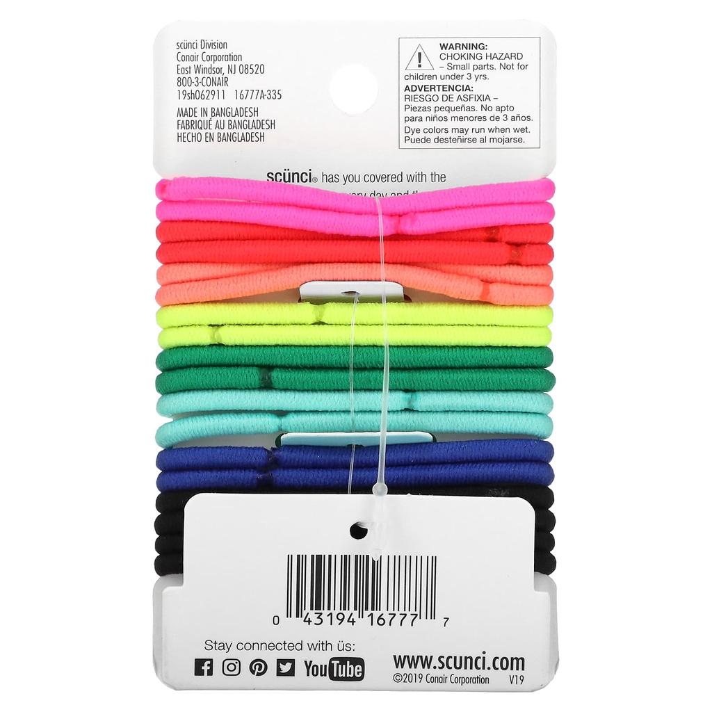 Scunci Schadensfreie Haargummis, bequem, ganztägiger mittelfester Halt, leuchtende Farben, 18 Stück